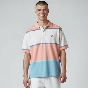 Nautica Short Sleeve Striped Golf Polo Mens Size‎ M Pastel Varsity Preppy Sporty